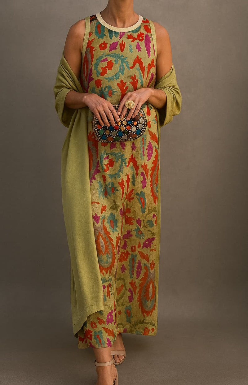 Woman wearing the Alexia matching long dress and coat set in a flowing fluid silhouette, shown from the front
