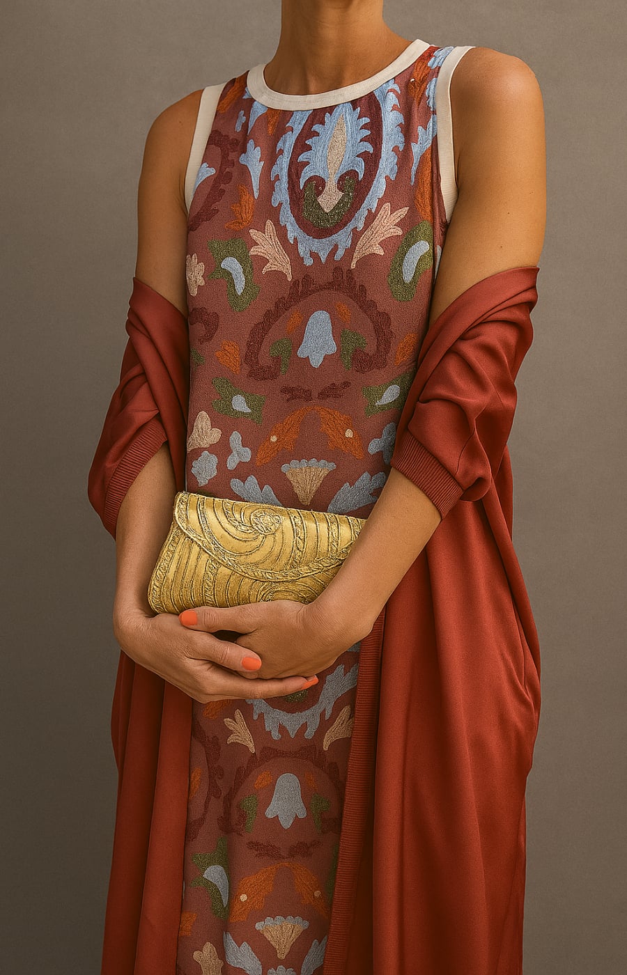 Close-up detail of the Alexia coordinated long dress and coat set highlighting fabric drape and coat length