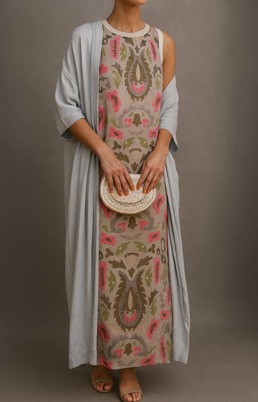 Model wearing the Alexia long dress and coat set from a side angle, showing full-length silhouette