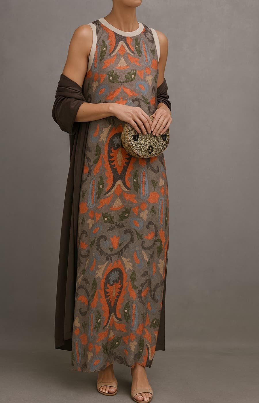 Flat lay or alternate view of the Alexia matching long dress and coat set showing color options