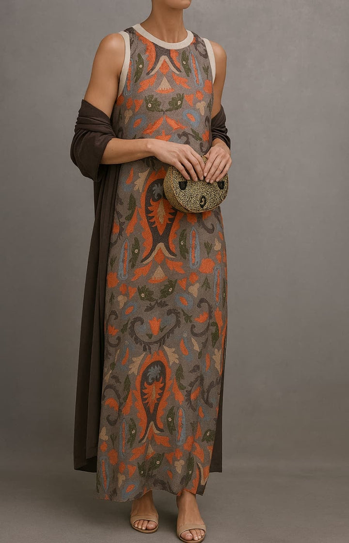 Flat lay or alternate view of the Alexia matching long dress and coat set showing color options