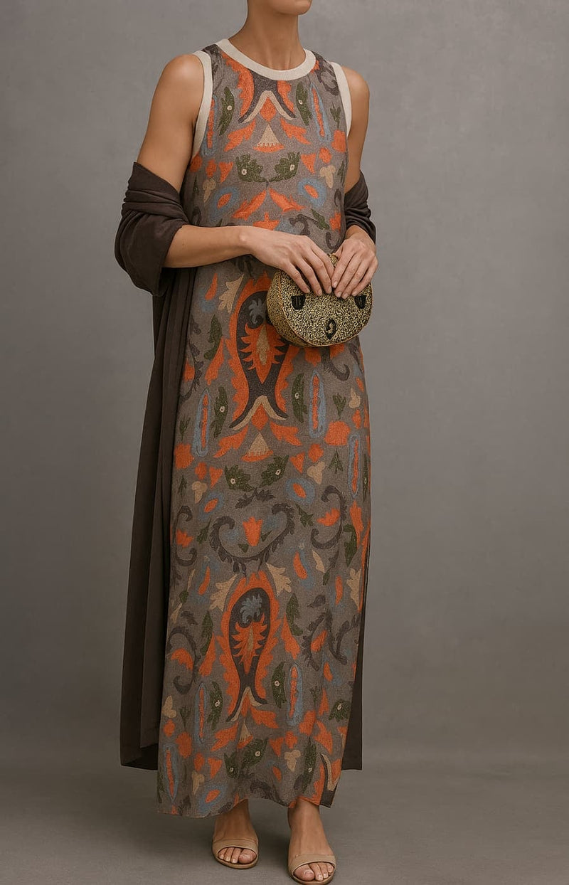 Flat lay or alternate view of the Alexia matching long dress and coat set showing color options