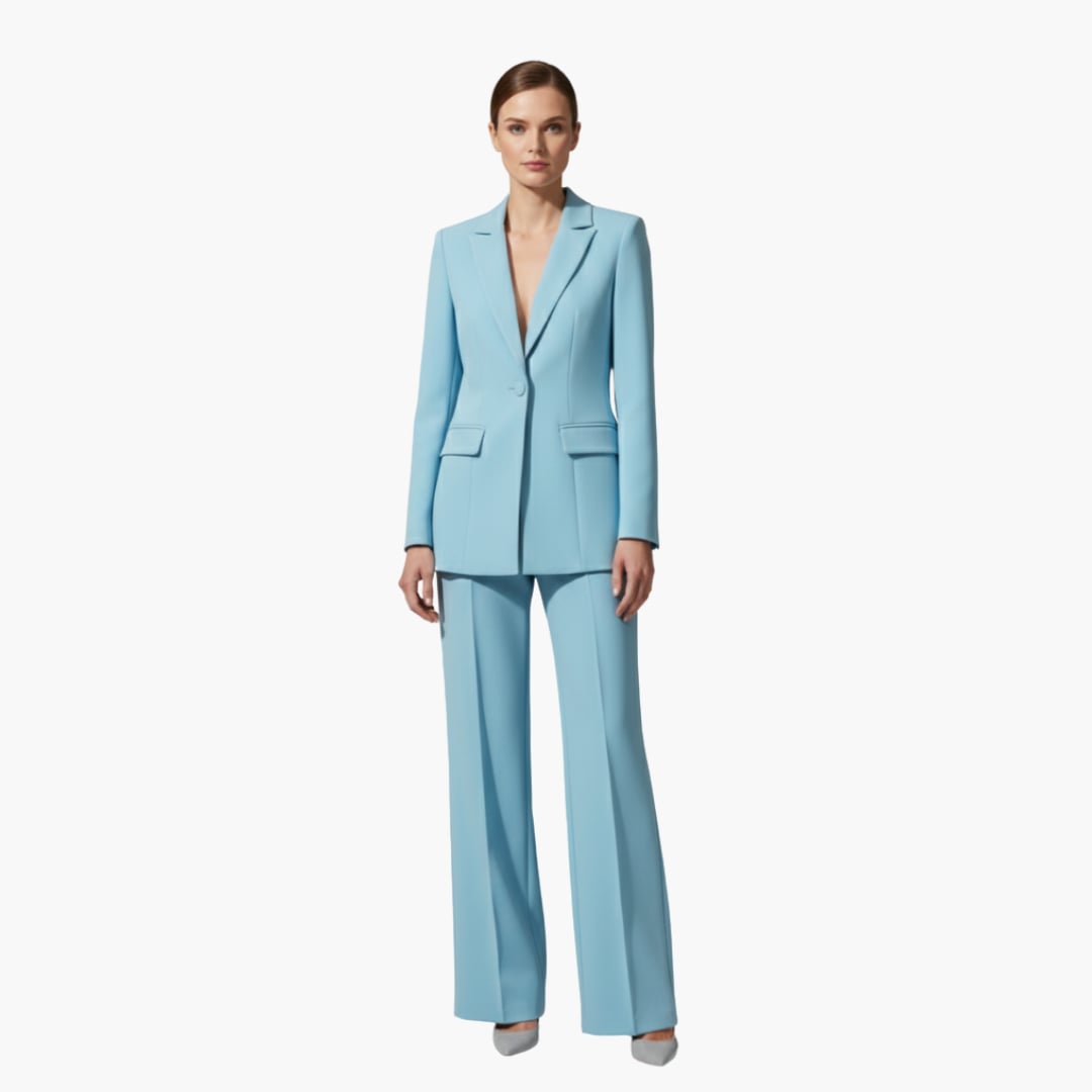 Front view of the Allegra blazer suit set in light blue showing single-button jacket closure