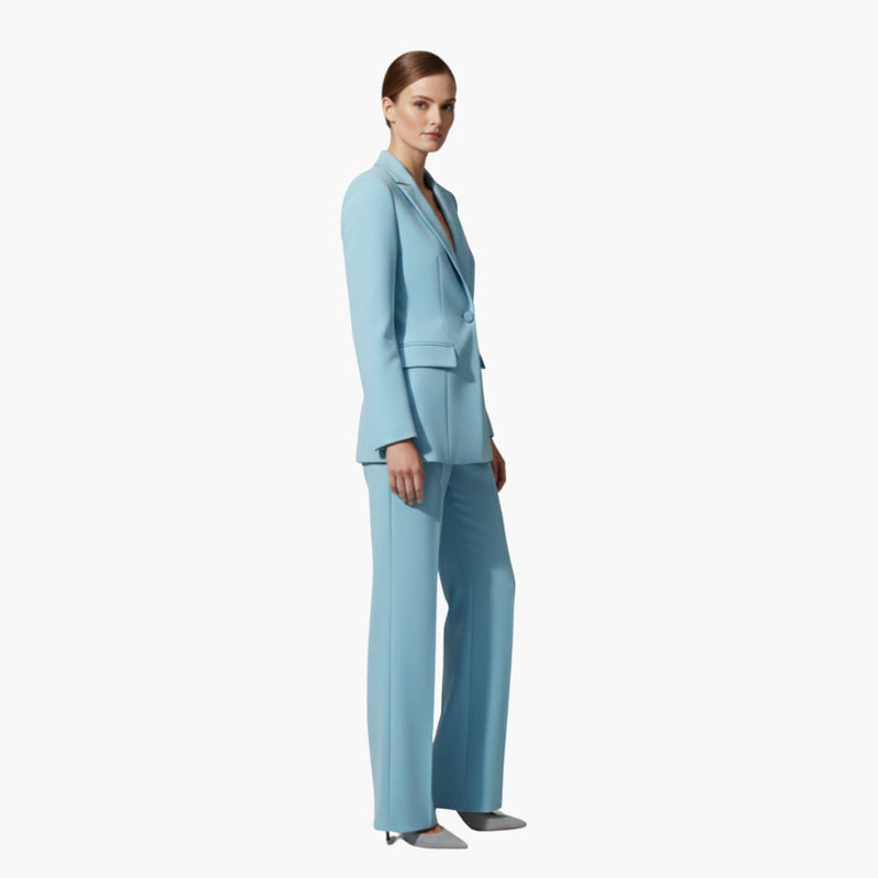 Side profile of the Allegra women's suit set highlighting the tailored straight-leg pant silhouette