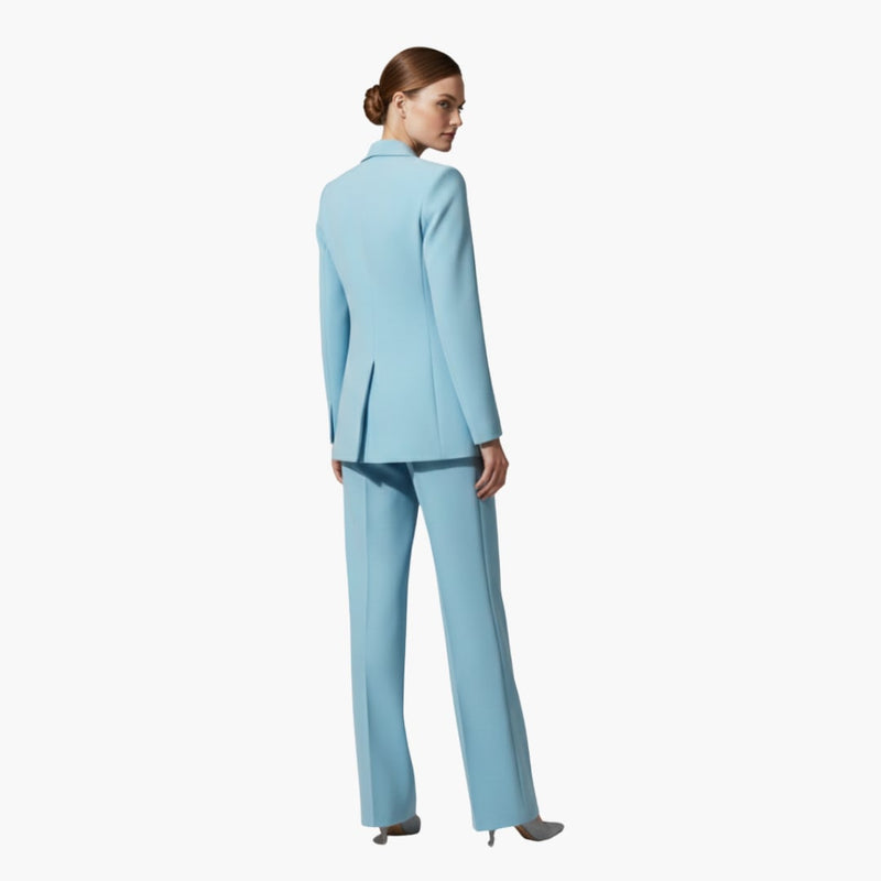 Close-up of the Allegra blazer lapel collar and single-button closure in light blue