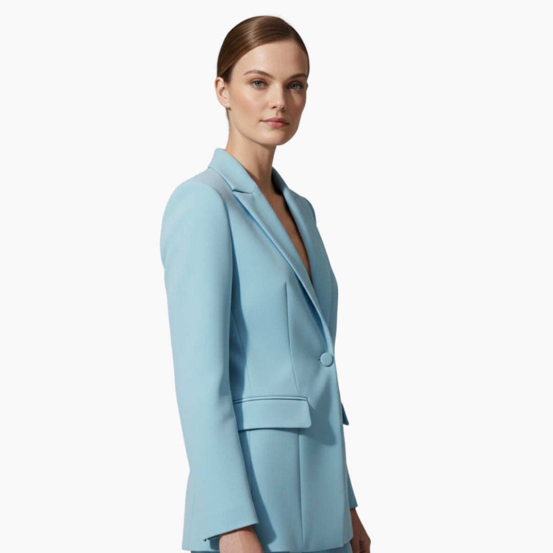 Back view of the Allegra two-piece blazer suit set in light blue