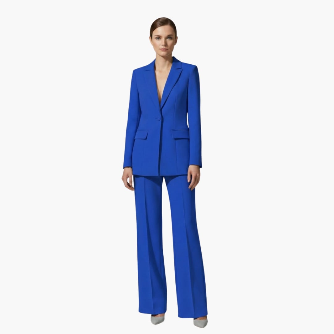 Allegra blazer suit set in blue colorway shown on a model