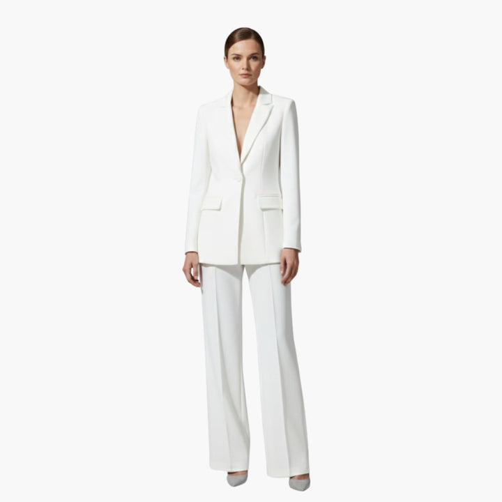 Flat lay of the Allegra coordinated blazer jacket and straight-leg pants in multiple color options
