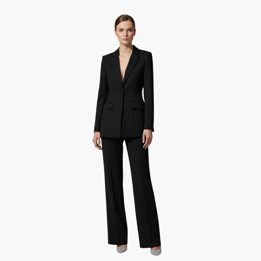 Detail shot of the Allegra suit set fabric and tailored stitching