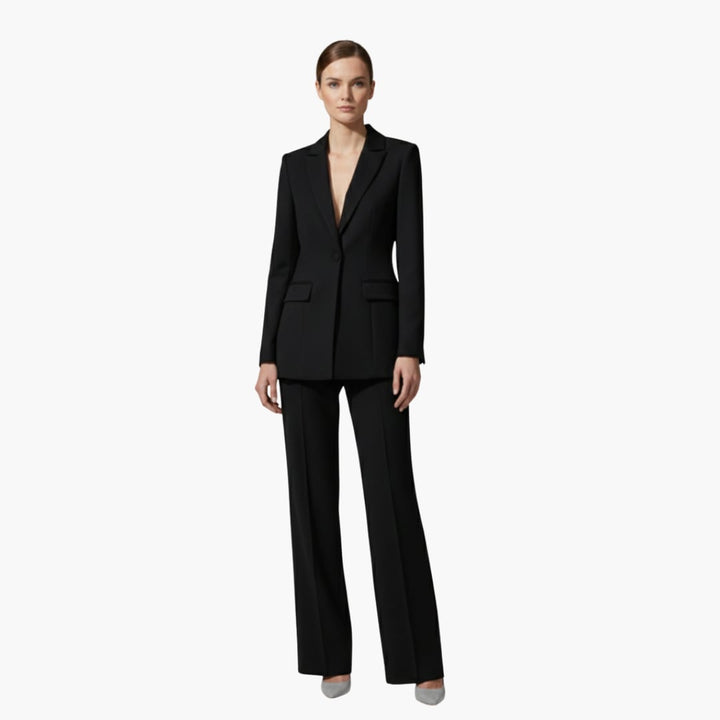 Detail shot of the Allegra suit set fabric and tailored stitching