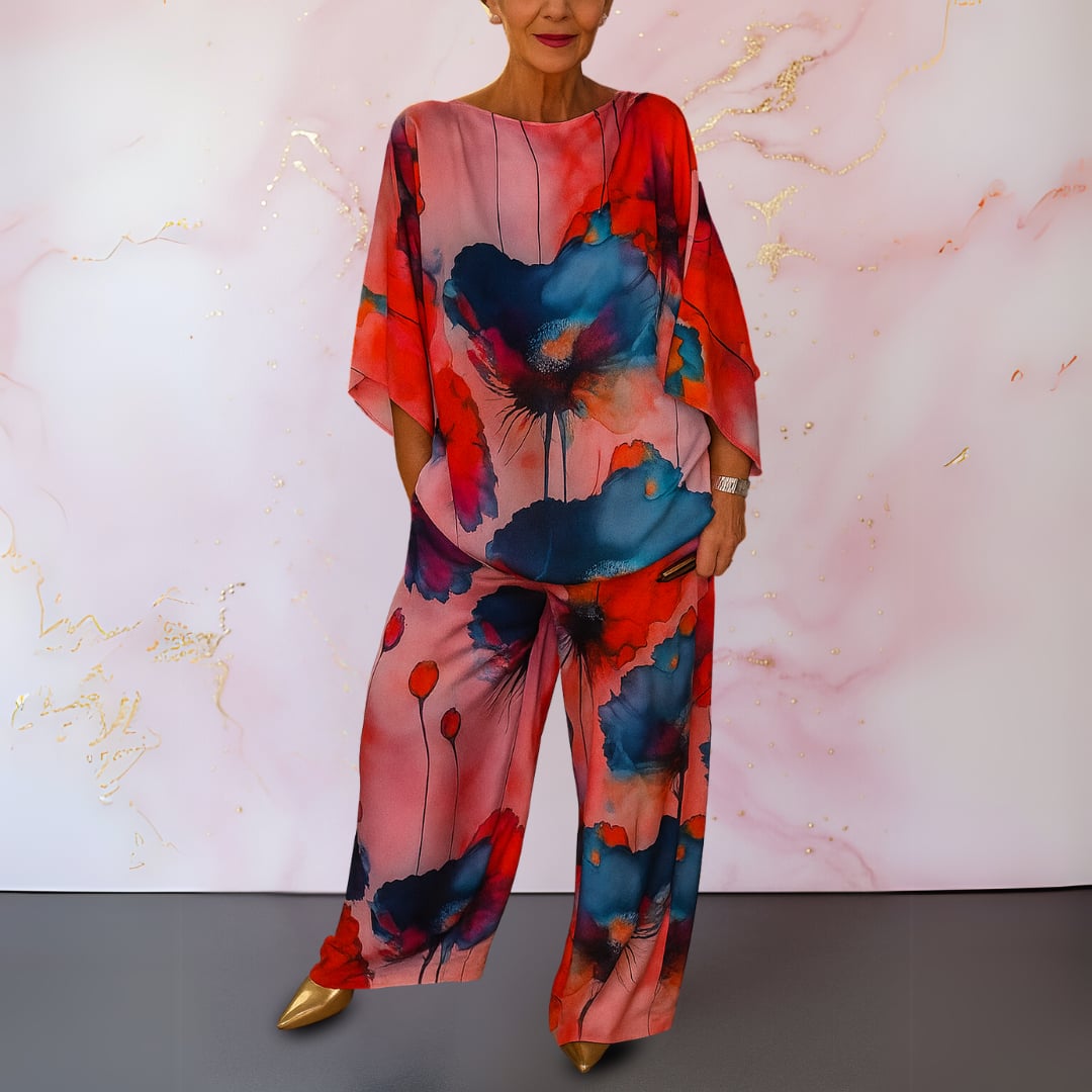 Full-length shot of the Alma-Rose set in pink red on a model showing the coordinated look
