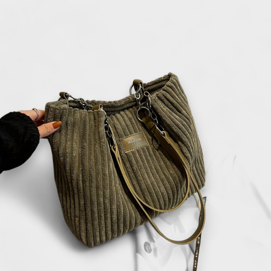 Alvinda ribbed shoulder bag with metal chain strap in khaki, shown from the front