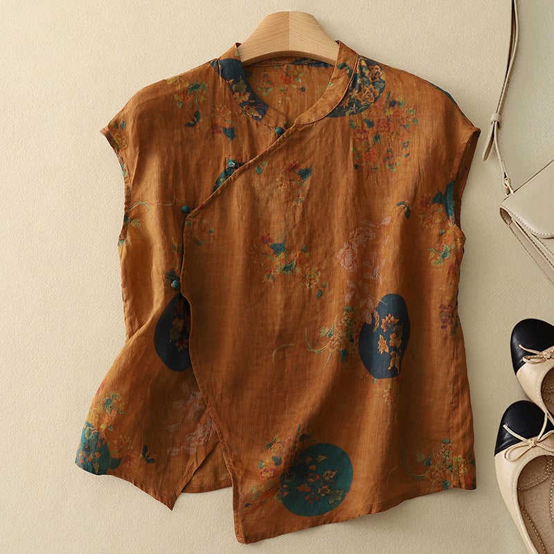 Florimay Amanda vintage sleeveless top styled with high-waisted bottoms in a warm-toned floral print