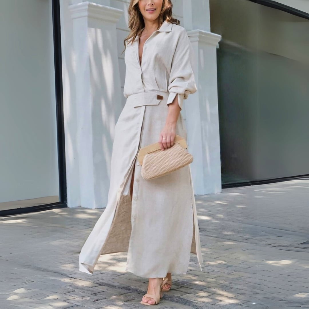 Florimay Amara lightweight V-neck maxi dress in a flowing silhouette, shown in a warm neutral tone