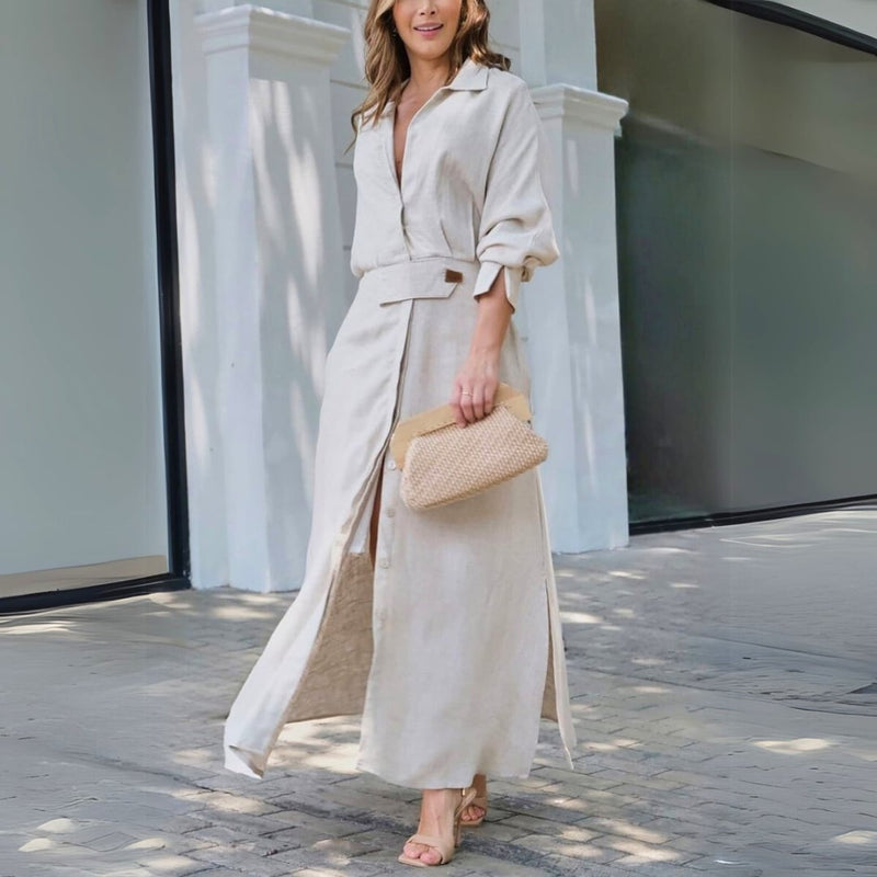 Florimay Amara lightweight V-neck maxi dress in a flowing silhouette, shown in a warm neutral tone