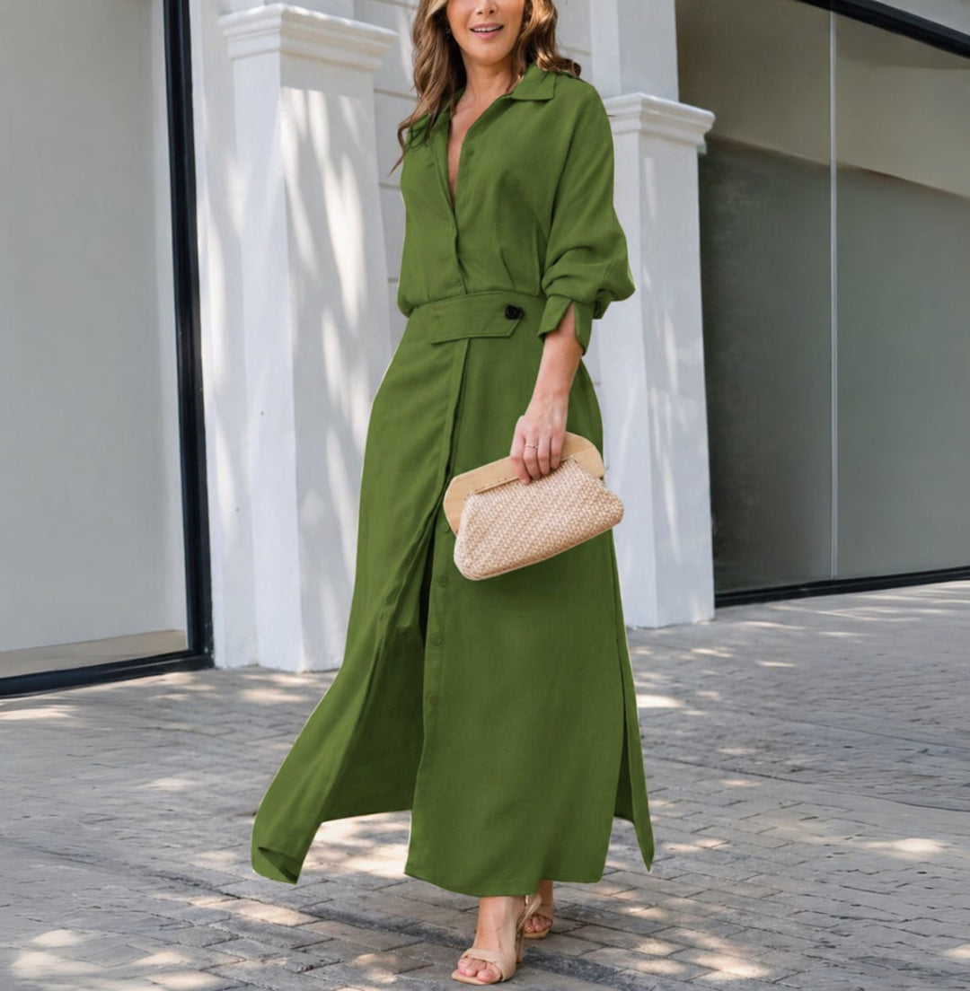 Amara maxi dress shown from the side highlighting the floor-length flowing silhouette