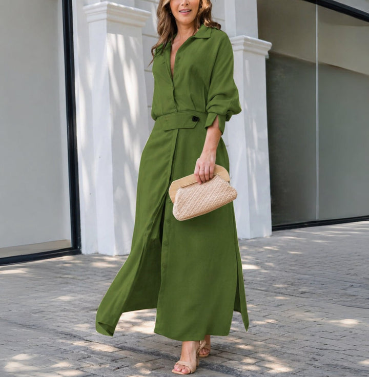 Amara maxi dress shown from the side highlighting the floor-length flowing silhouette