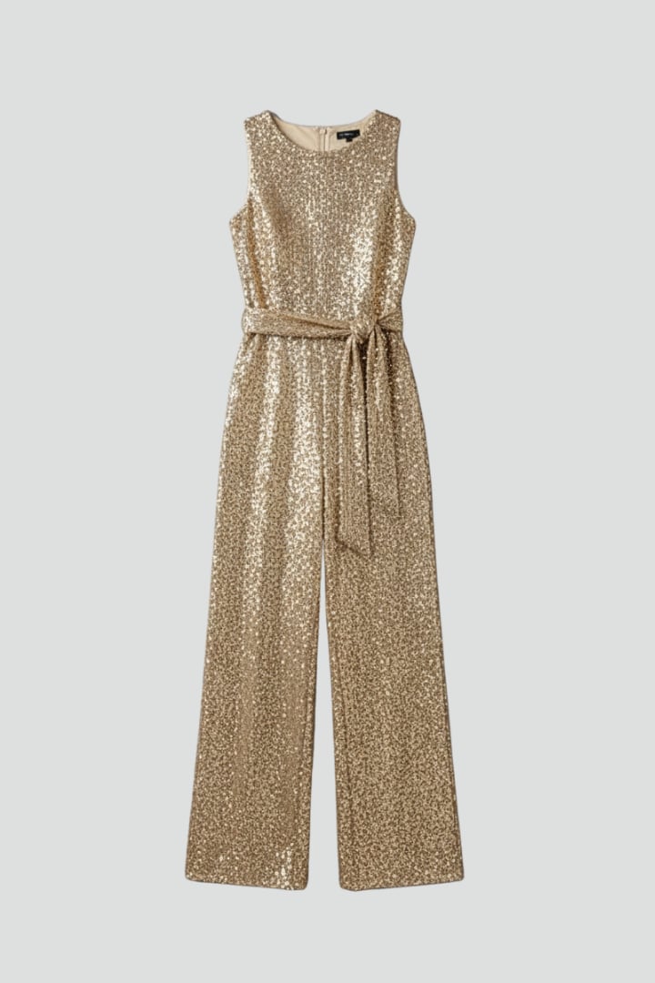 Women's all-over sequin wide leg jumpsuit in gold with round neckline and sleeveless design