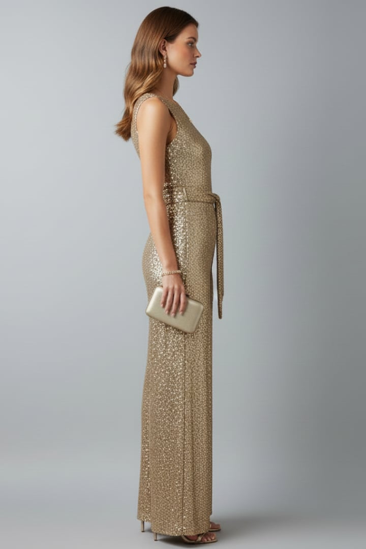 Close-up of all-over sequin fabric detail on the Amara jumpsuit in red