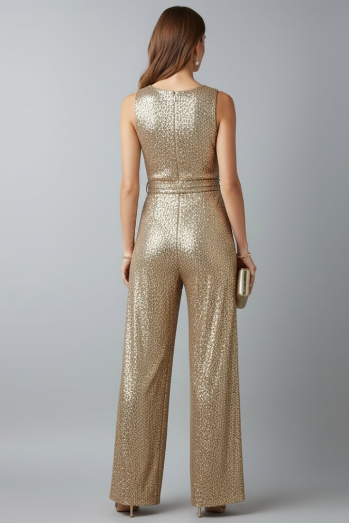 Full-length shot of Amara sequin jumpsuit in silver styled with heeled sandals