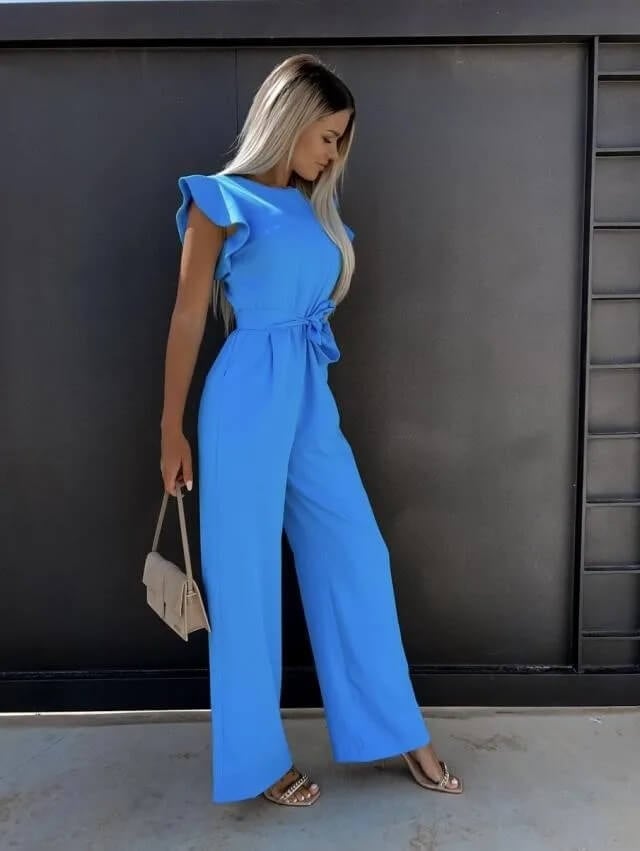 Back view of the Amber belted wide-leg jumpsuit in beige showing clean tailored silhouette