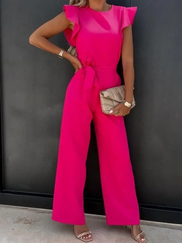 Amber wide-leg jumpsuit in white, full-length front view with self-tie belt