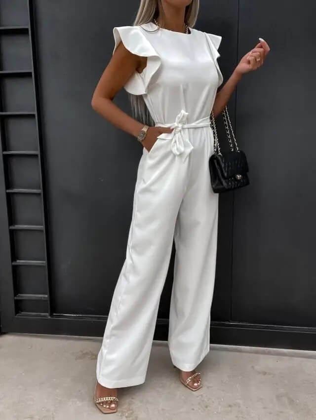 Detail shot of the self-tie fabric belt on the Amber ruffle sleeve jumpsuit