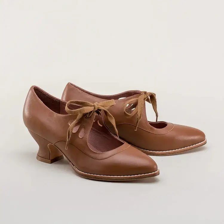 Amelia pin-up heels in crimson red, back view highlighting ankle strap closure