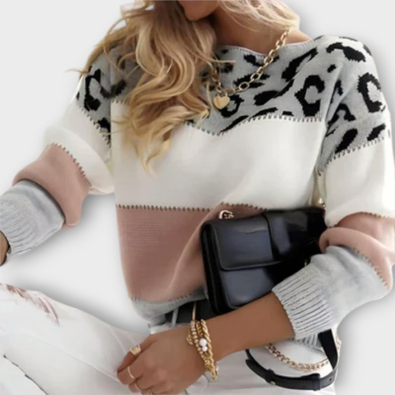 Side view of the Amelia elegant sweater in gray showing graceful drape and relaxed fit
