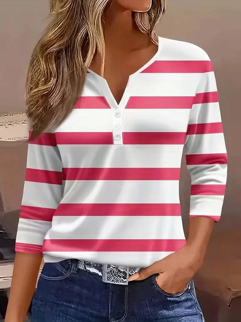 Lifestyle shot of the Amelia striped V-neck top styled for an everyday casual look