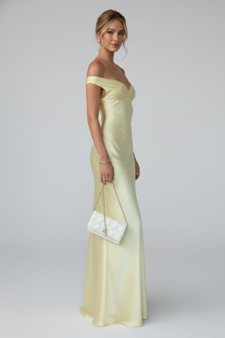 Side profile of yellow fitted maxi dress showing the elegant floor-sweeping silhouette
