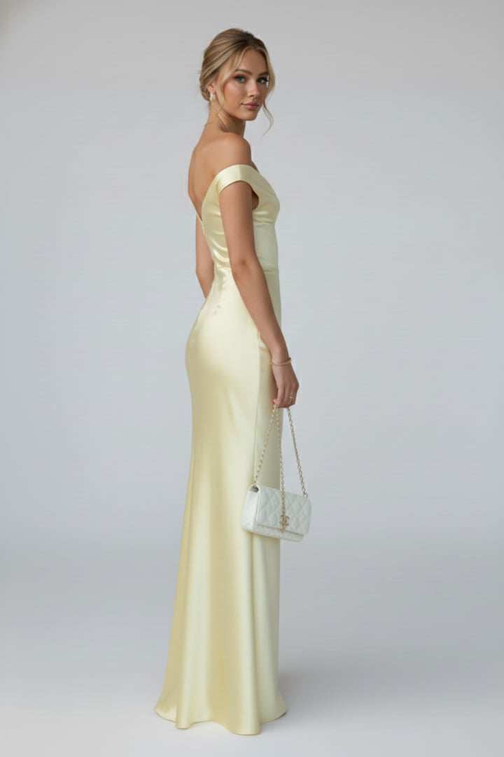 Full-length back view of the yellow off shoulder fitted maxi dress