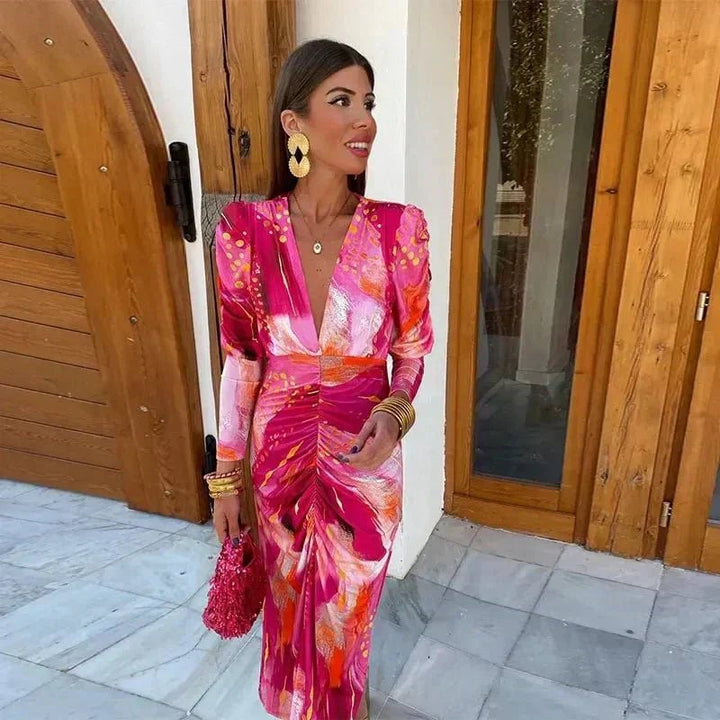 Side view of the Anastasia wrap maxi dress highlighting the soft drape and figure-flattering fit