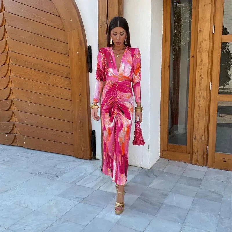 Close-up detail of the Anastasia pink wrap maxi dress fabric showing its smooth, lightweight texture