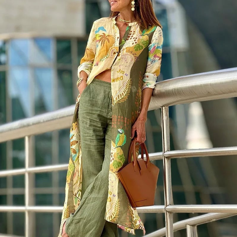 Woman wearing the Andrea yellow-green asymmetrical top and relaxed-fit pants set in a bright summer setting
