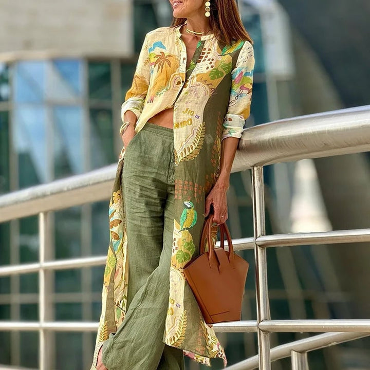 Woman wearing the Andrea yellow-green asymmetrical top and relaxed-fit pants set in a bright summer setting