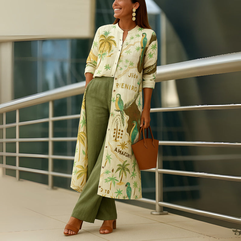 Andrea cream-green two-piece set styled with sandals for a casual summer look