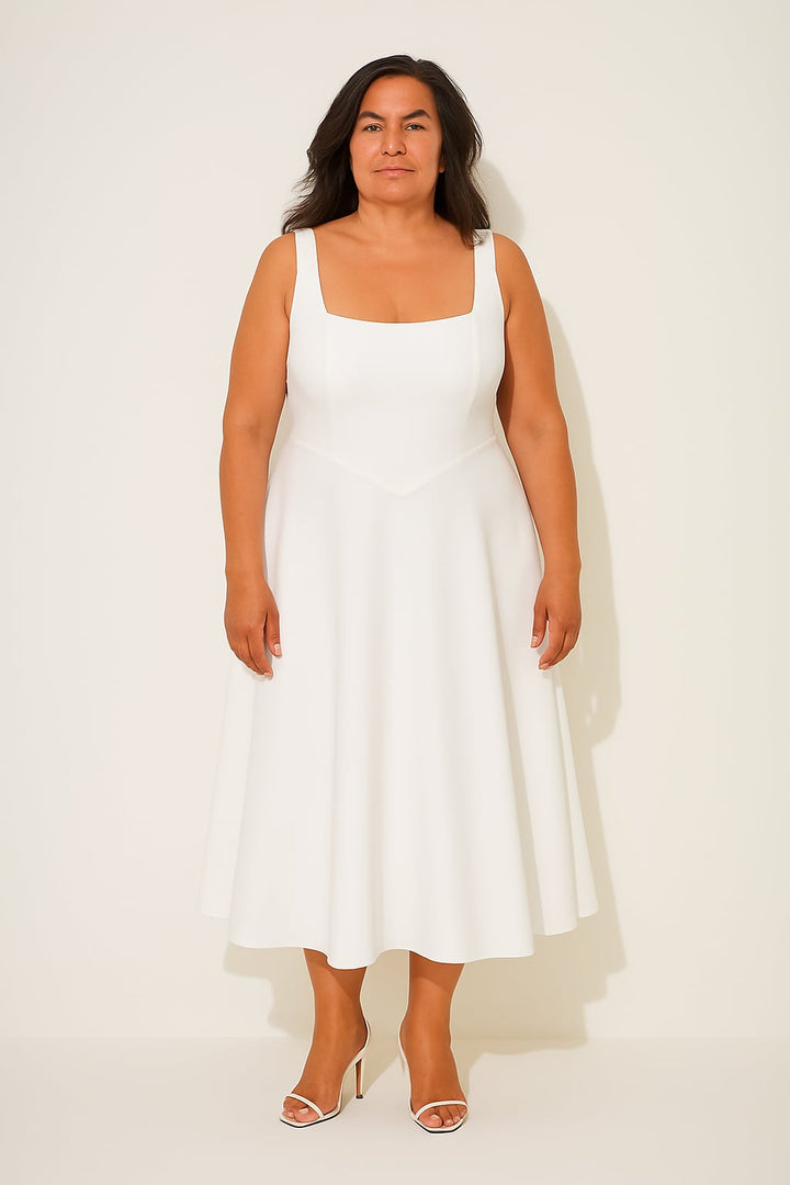 Back view of the black square-neck midi dress from Florimay