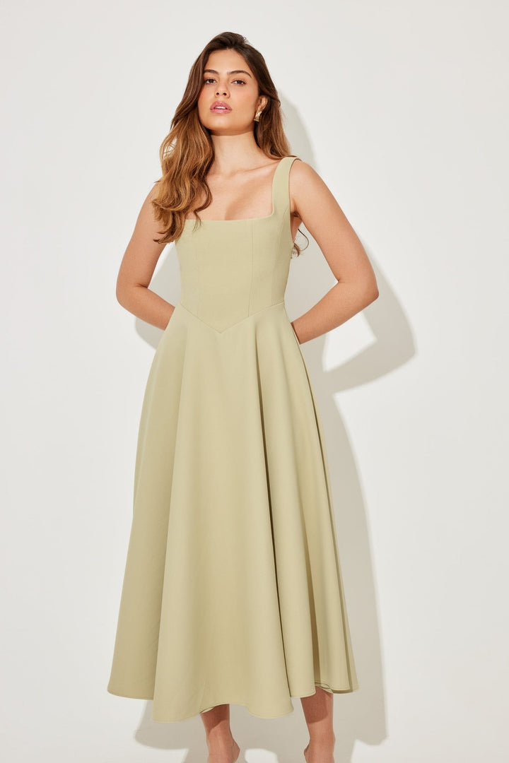 Group shot of the Florimay midi dress shown in all four colors: white, black, red, and sage