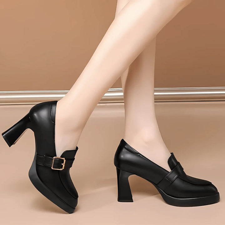 Close-up of Anita orthopedic pump toe box and sculpted heel in black