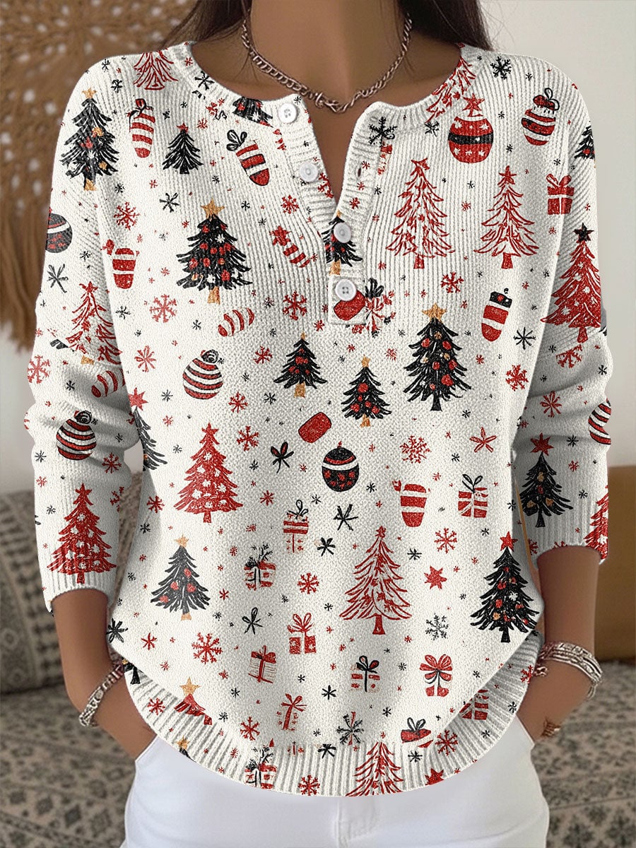 Woman wearing a white Christmas sweater with festive holiday accents, relaxed fit, front view