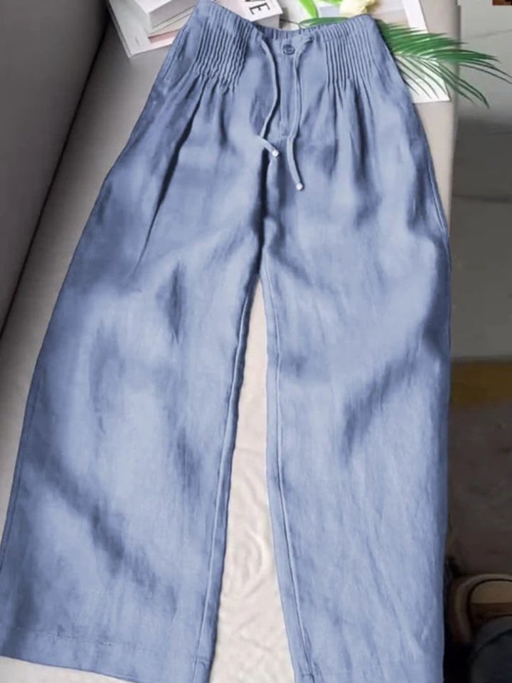 Close-up detail of the Annabelle wide-leg pants fabric and relaxed leg opening