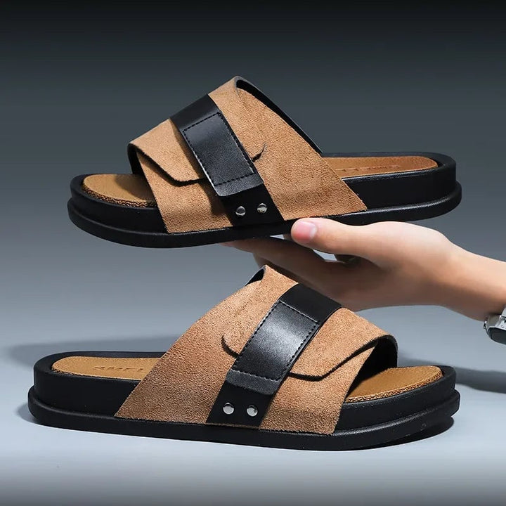 Annabelle women's cushioned slides in brown shown from the front angle on a clean background