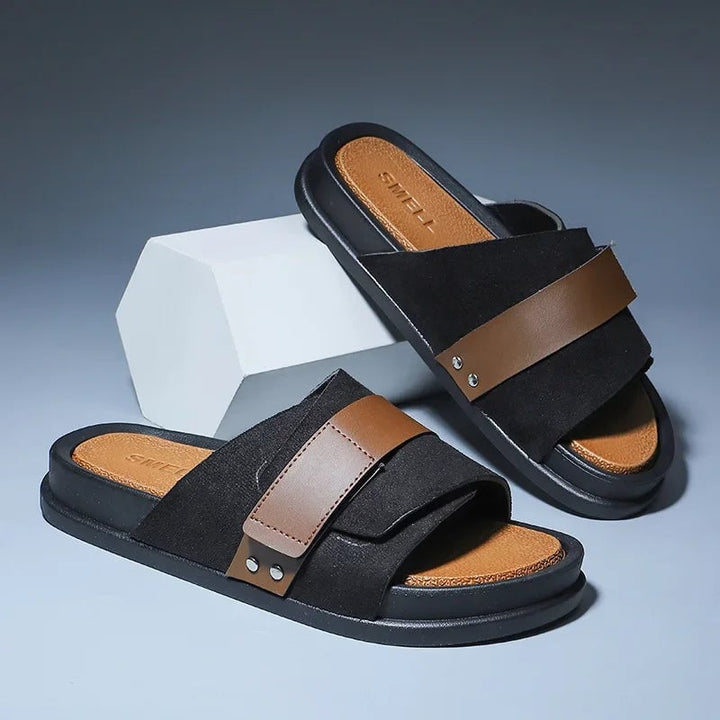 Side profile view of the Annabelle cushioned slide highlighting the contoured footbed and sole