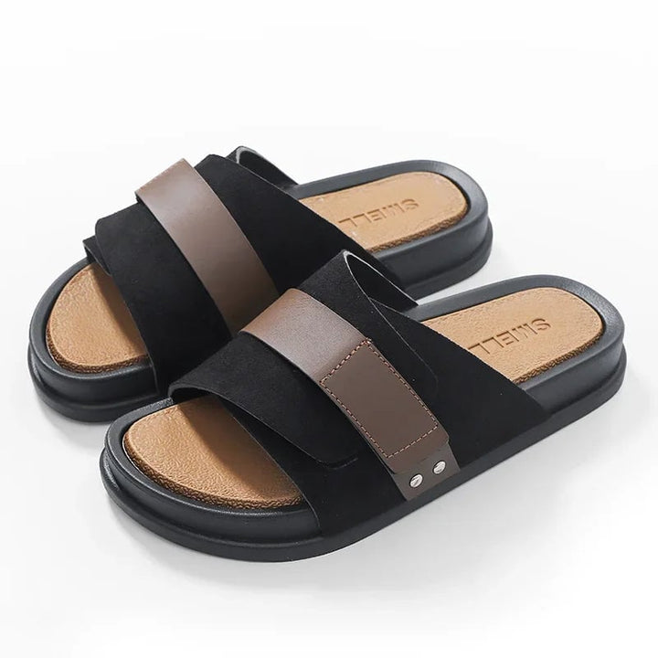 Lifestyle shot of the Annabelle women's cushioned slides worn casually outdoors