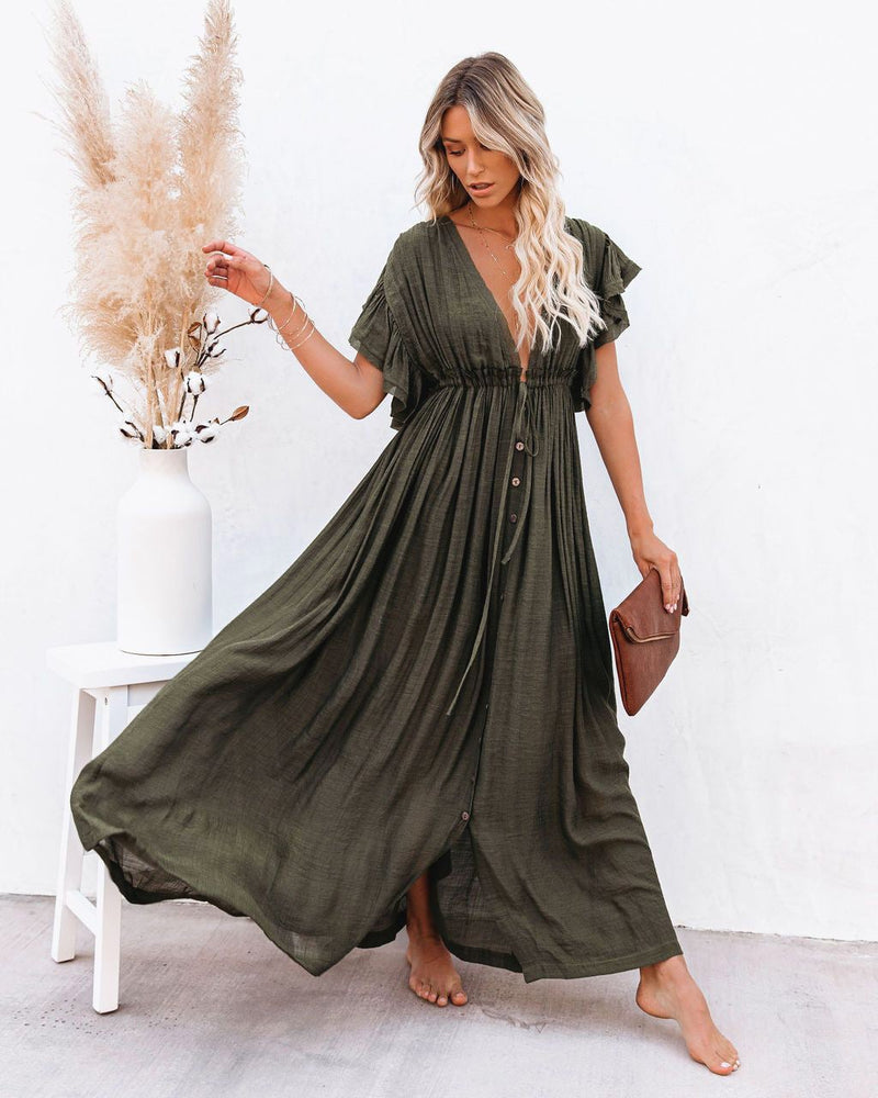 Side view of the Annabelle boho beach cover-up highlighting the airy, lightweight fabric and open wrap style
