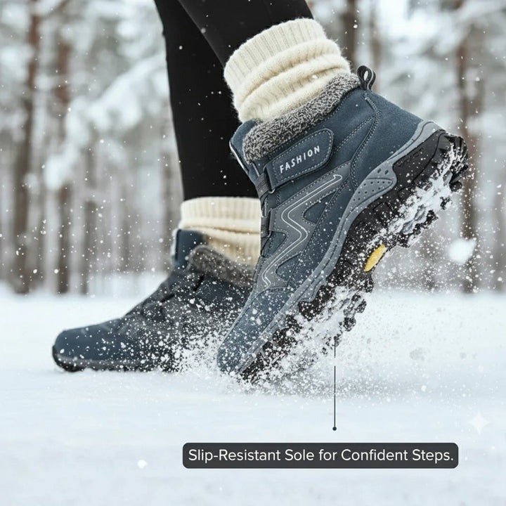 Pair of Anne comfort waterproof boots in Black colorway laid flat on white background