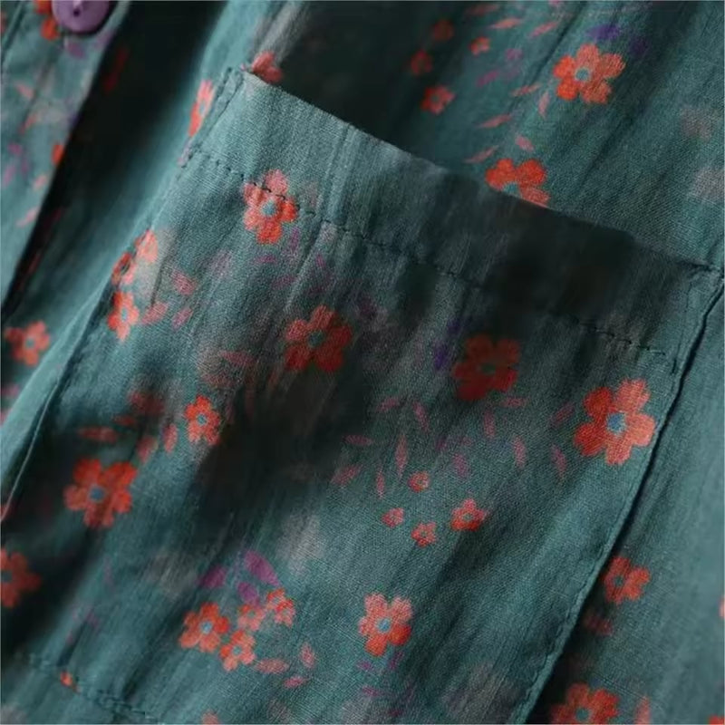 Side view of a woman in a relaxed-fit floral shirt styled casually for everyday wear