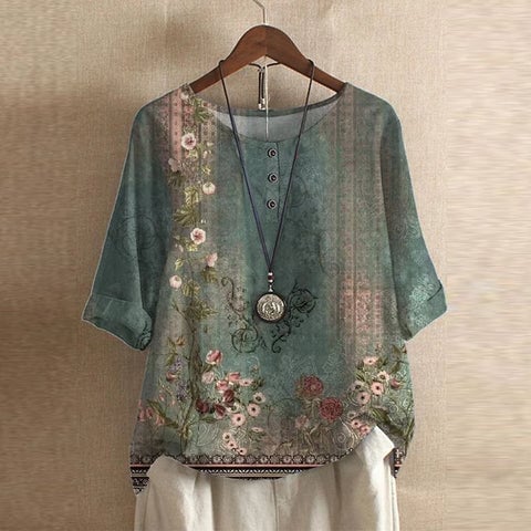 Front view of the Anya retro-inspired floral blouse in a relaxed fit, shown on a model