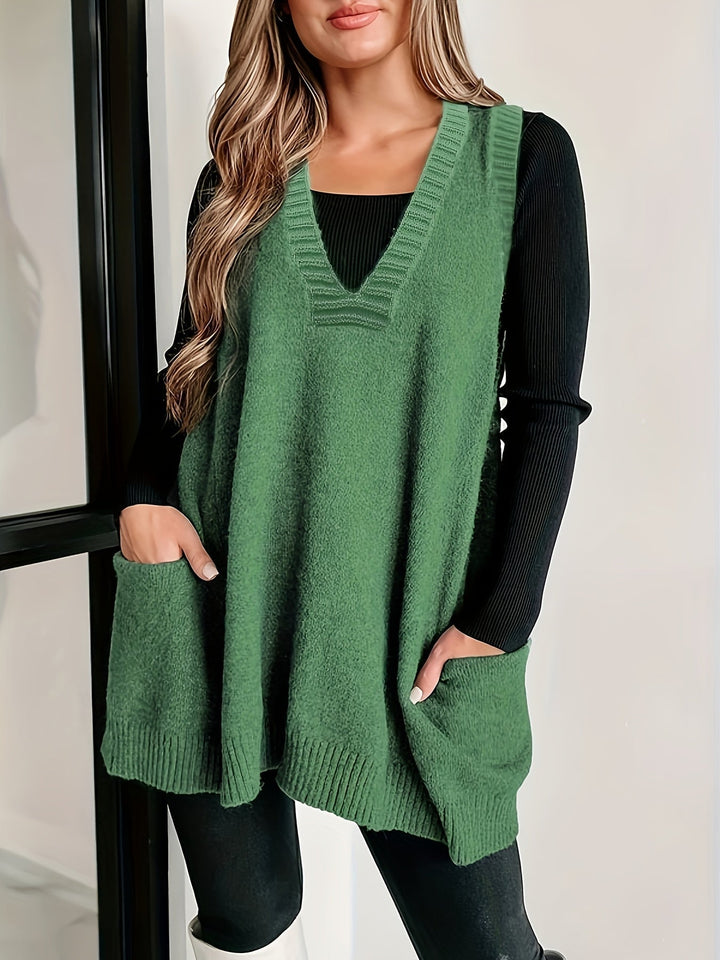 Model wearing a green casual V-neck vest over a blouse, relaxed fit, full front view